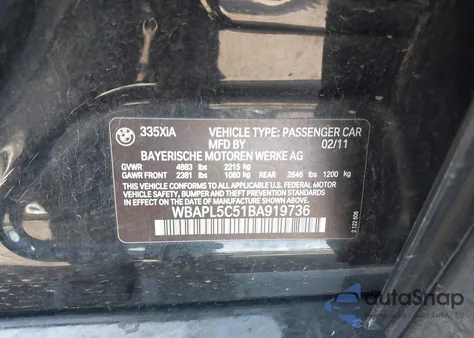 2011 BMW 335I xDrive from USA, damaged, VIN WBAPL5C51BA919736